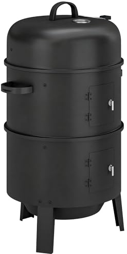Outsunny 3-in-1 Vertical Barbecue Charcoal Smoker with 2 Grill Grates, Built-in Thermometer, Adjustable Vent, 2 Doors, Outdoor BBQ Smoker Grill for Camping, Parties, Picnic