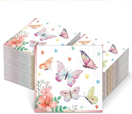 20 Stück Schmetterling Servietten, 3-lagige Papierservietten 33x33cm, Wasserfarben-Design mit Blumen & Herzen, Tischdeko für Geburtstag, Mädchenparty, Frühling, Hochzeit, Baby Shower
