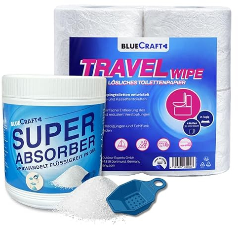 Bluecraft Super Absorber 900g mit 4 Rollen Camping Toilettenpapier | Für Campingtoilette, Wohnmobil, Wohnwagen & Boot, Camping WC Papier 2 lagig weich, Bindemittel mit Geruchsstopp von Urin, Kot