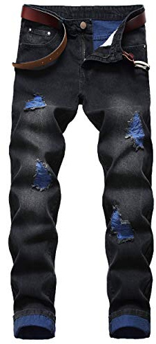 DANT BULUN Men's Ripped Distressed Destroyed Slim Fit Straight Leg Denim Jeans (32, Black)