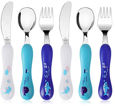 Lehoo Castle 6 Pieces Toddler Utensils, Kids Silverware for 2 3 4 Years Old, Stainless Steel Knife Fork and Spoon Set with Plastic Handle, Safe Toddler Cutlery (Blue)
