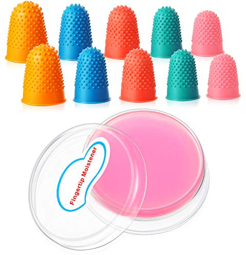 10 Pieces Rubber Fingers with 1/2 Oz Fingertip Moistener, Non-Slip Fingertips Thick Reusable Finger Protector for Paper Bills Document Counting Collating Sorting Task