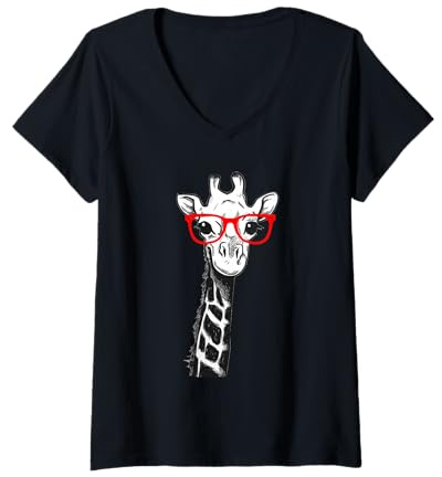 Femme Girafe avec des lunettes Zoo Amoureux des animaux T-Shirt avec Col en V
