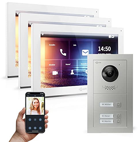 Goliath Hybrid - IP | Full-HD Video Türsprechanlage | App | 3-Fam | 3 x Full-Touchscreen 10 | Aluminium Unterputz Türstation | 3 Klingel | 180° Ultra-Weitwinkel | AV-IPS-536