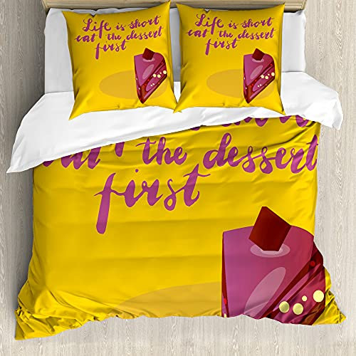 ABAKUHAUS Saying Fitted Sheet, Simple Cake Slice Doodle, Decorative 3 Piece Bedding Set with 2 Pillow Shams, 155 cm x 200 cm - 80 x 80 cm, Multicolor