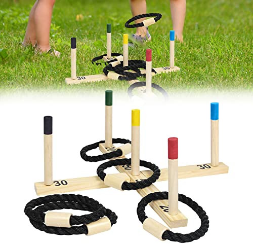 UISEBRT Ringwurfspiel aus Holz Wurfspiel Outdoor & Indoor Werfen Spiel 1 Wurfkreuz, 5 Wurfringe und 5 Spielstäben Ring Wurfspiel Gartenspiele für Kinder und Erwachsene