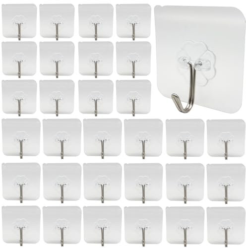 LUKASOHY Self Adhesive Hooks, 30 Pack Transparent Reusable Removable Wall Hooks for Kitchen, Office, Bathroom, Closet, Hanging Coat, Cloth, Towel, Key and Decorations