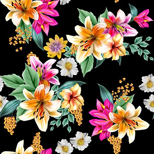 HEKO PANELS Stoff Oxford wasserdicht, Blumen Bunt Schwarz, 155 cm | Dekostoffe zum Nähen und Handwerken, blickdichte Möbelstoffe, Nähstoffe DIY, als Meterware erhältlich