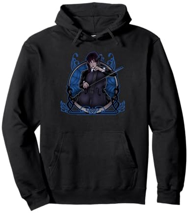 Wednesday Playing The Cello Distressed Cartoon Portrait Pullover Hoodie