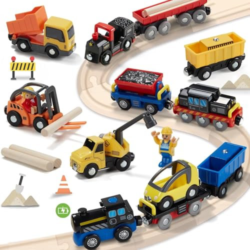 Giant bean 12 Vehicles Train Car Set Accessories, Battery Operated Magnetic Mini Construction Set for Wooden Train Tracks, Bulk Car Toys for Toddlers 3 4 5 Year Boys Girls Kids