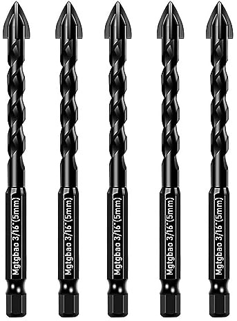 Mgtgbao 5pc 5MM Masonry Drill Bits, 3/16” Concrete Drill Bit Set for Tile,Brick, Plastic and Wood,Tungsten Carbide Tip Best for Wall Mirror and Ceramic Tile.