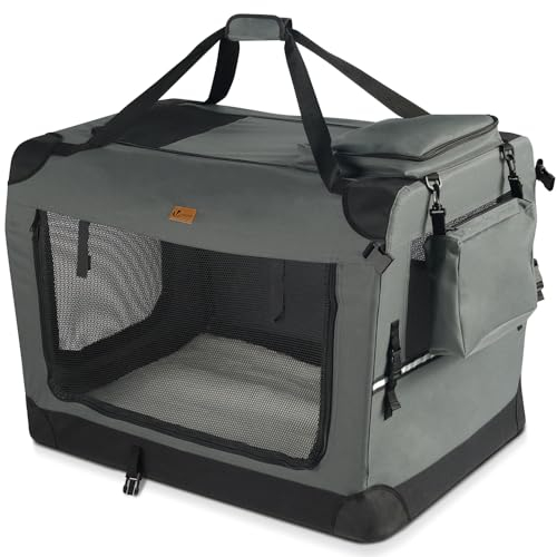 VOUNOT Hundebox faltbar, Transportbox Katze Hunde, Hundetasche, Oxford-Gewebe, Netzstoff, Atmungsaktiv, Transportabel, Metallrahmen, mit Griffen, Taschen, 82x60x60cm XL, Grau