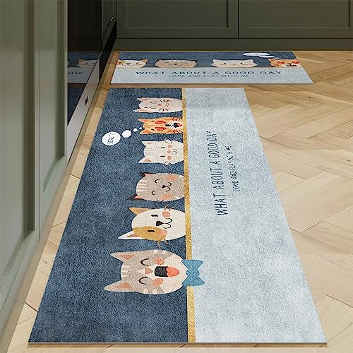 Tapis de Cuisine Le Chat Bleu Tapis Cuisine Devant Evier Long Antidérapant et Lavable Tapis de Sol Cuisine et Lavable Décoratif Salon Couloir
