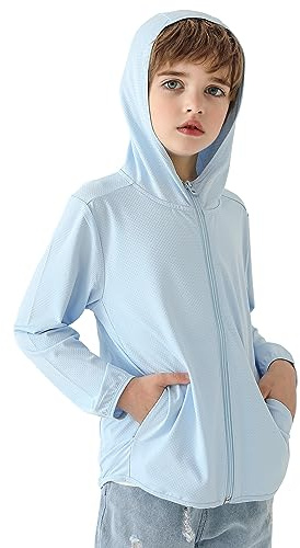 Auranso Kids Zip-Up Hoodie Girls Boys UPF50+ Sun Protection Jacket Hooded Cooling Shirt Light Blue 9-10 Years