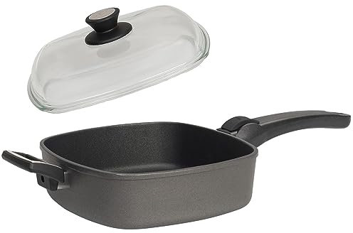 SKK 2-tlg. Bratpfanne 28x28 cm - ohne Induktion - quadratische Aluguss Hochrand-Pfanne Griff abnehmbar & Vollglas Deckel - Made in Germany
