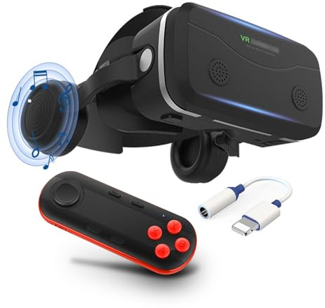 VR Casque Lunettes avec Écouteurs et Manettes, Casque de Réalité Virtuelle Glasses VR Lunettes pour Films 3D Jeux Vidéo Compatible avec Smartphones iPhone Android de 4,7 à 7,2 Pouces pour Adolescents