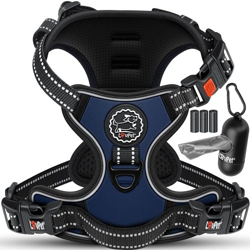 LOVPET® Hundegeschirr ohne Zug & Würgen für kleine Hunde & Welpen atmungsaktiv & weich Brustgeschirr reflektierend | No-Pull-Geschirr inkl.Beutelrollen | Verstellbares Geschirr mit Griff Navyblau - M