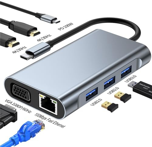 Station d'accueil USB C à Double HDMI, Adaptateur Multiport de Type C avec Double HDMI (4K@30Hz), 1080P VGA, RJ45, 100W PD, USB3.0, 2 USB2.0, Hub 8 en 1 pour Dell HP MacBook Laptop (8 en 1 2HDMI+VGA)