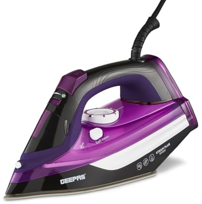 GEEPAS Steam Iron Clothes Dry & Steam Press 35s Fast Heat-Up 3000W Purple | Vertical Steaming Ceramic Soleplate Adjustable Temperature 480ml Tank