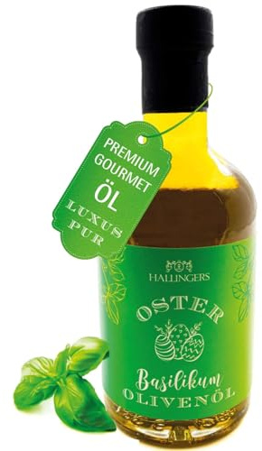 Hallingers Genuss Manufaktur Premium-Öl Oster-Geschenk - zum Würzen, Marinieren & Grillen in wertiger Geschenkflasche Oster-Öl Natives Olivenöl Basilikum, Ostern Körbchen für Frauen Männer