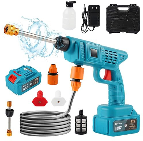 Nettoyeur Haute Pression sans Fil,Batterie 21V, 4.1L/Min, Pistolet De Lavage De Voiture Haute Pression Portable,Tuyau 10 M, Filtre,Adapté Au Lavage Et à L'Arrosage De La Voiture (1*Batterie)