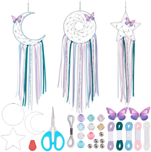 INFUNLY 3 Set Schmetterlings-Traumfänger, DIY-Traumfänger-Set Für Erwachsene, Großes Traumfänger-Bastelset Mit Anleitung Für Heimdekoration, Jugendzimmer, Wandbehang, Ornamente, Hochzeit, Geburtstagsg