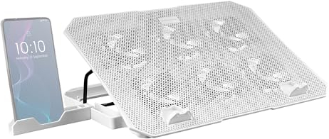 Mars Gaming MNBC23, Base Refrigeradora y Stand 16”, 6 x Ventiladores Controlables con LED Azul, Stand 6 Posiciones, Soporte Smartphone, 2 USB 2.0, Blanco