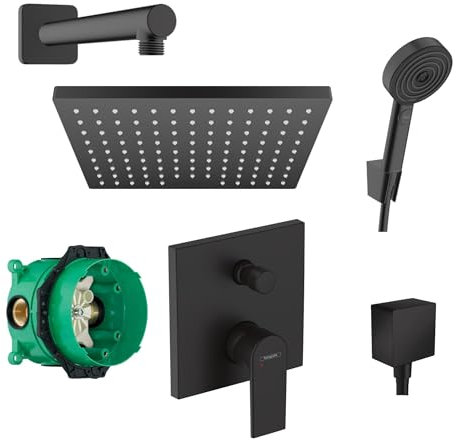 Hansgrohe Duschsystem mit Unterputz Duscharmatur von Hansgrohe Regendusche mit Armatur, Duschkopf eckig, Wandarm Dusch-SET HGSK01 schwarz matt
