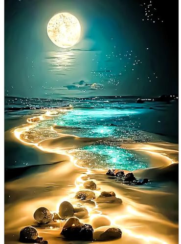 Kssvzz Diamond Painting Erwachsene, Mondbeschienener Strand 5D Diamant Painting Bilder, DIY Diamond Art Kits, Full Diamant Malerei für Home Wand Décor 30 x 40 CM