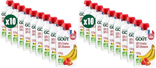 GOOD GOÛT - Gourdes Fraise Banane - Purée Bébé - Dès 4 Mois - 50% Banane, 50% Fraise - Sans Sucres Ajoutés - Fabriqué En France - 10x120g (Lot de 2)