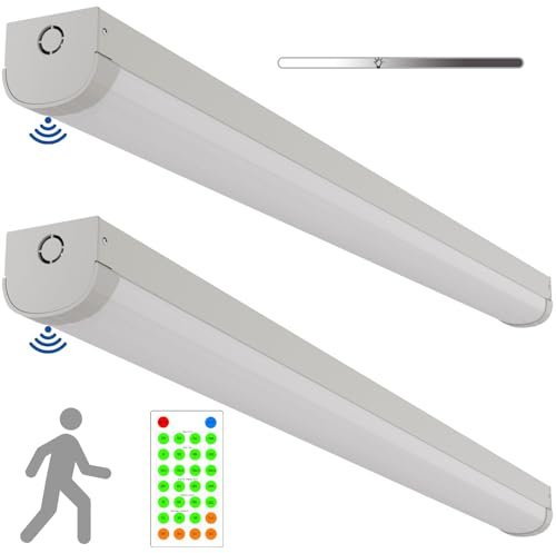 2 Pack 4FT Tri-Level Motion Sensor LED Linear Strip Stairwell Light with Remote, 20W/40W 2500lm/5000lm 5000K, IP20, 100-277V, Dimmable 4 Foot Commercial LED Office Shop Ceiling Lights Fixture, ETL DLC