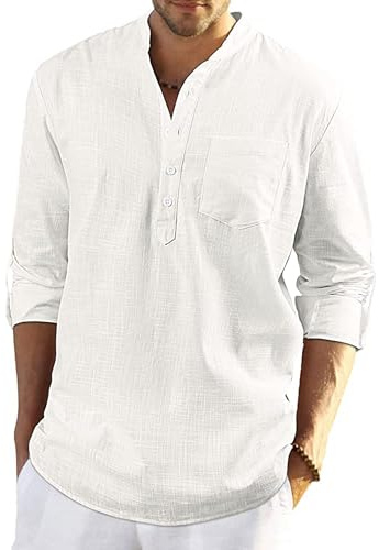 YAOBAOLE Herren Henley Shirt Langarm Leinen – Atmungsaktives Vintage Hemd mit Stehkragen Weiß L