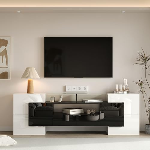 Kayan Moderner TV Schrank, Fernsehtisch mit 6 Schließfach, 2 Schublade und 3 offenes Regal, 200cm lang, Hochglänzendes LED-TV-Lowboard für Wohnzimmer und Esszimmer (Weiß)