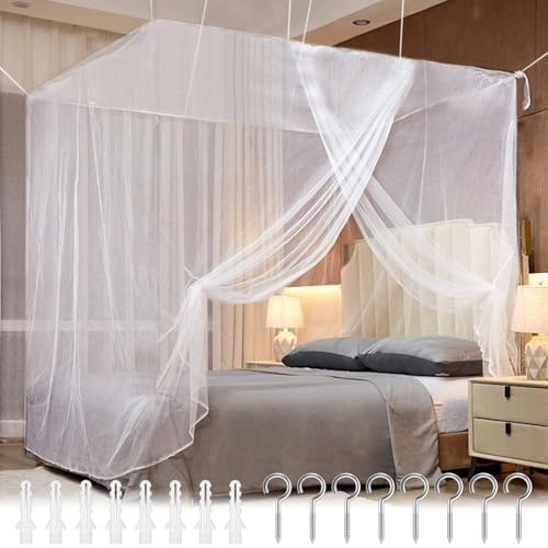 Moustiquaire Lit Double, Moustiquaire en Polyester Carrée, Grande Moustiquaire Portable, Suspension, Ouvertures Latérales pour Intérieur et Extérieur Décoratif, Blanc, 200x200x230cm