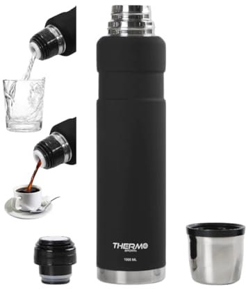 Thermosflasche Thermo Sport 1000ML - Thermoskanne für warm&kalt - auslaufsichere Isolierflasche aus Edelstahl rostfrei - Thermosflasche mit Becher - Thermoflasche - Stainless Steel - Soft Schwarz