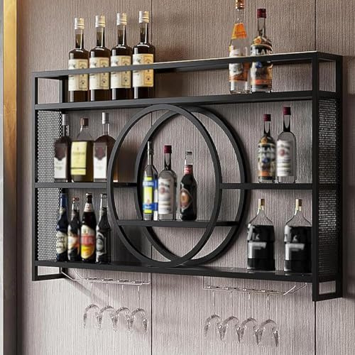 Casier à vin mural moderne noir avec verres à champagne - Idéal pour bar ou maison - Décoration de salle à manger - 120 x 15 x 80 cm