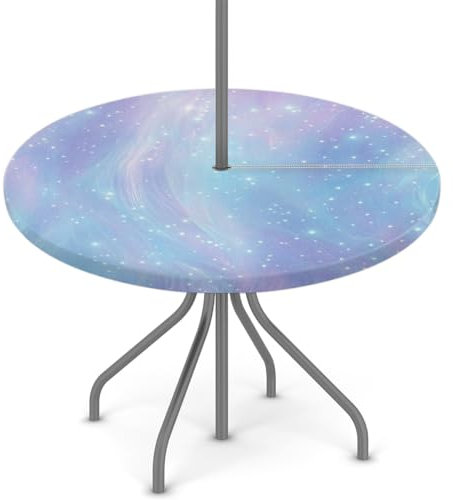 Woltant Nappe ronde avec trou de parasol et fermeture éclair facile à nettoyer avec bords élastiques - Protection de table d'extérieur pour jardin, terrasse, barbecue - Motif galaxie bleu violet