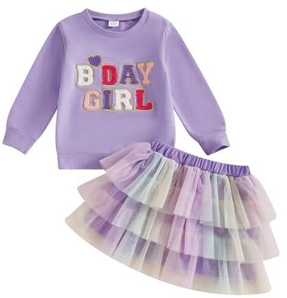 Todder Kids Girls Birthday Clothes Outfits Long Sleeve Letter Embroidery Sweatshirt Pullover and A-Line Tutu Dress Layered Puffy Tulle Skirt Wedding Pageant Party Dress (Lilac Purple, 2-3 Years)