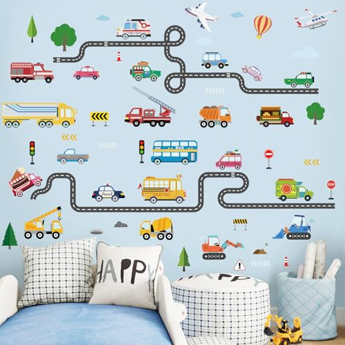 SHUCHING Transportation Car Wall Decals Peel and Stick, Vinyl Construction Vehicles Wall Sticker, Truck and Road Wall Decor for Nursery Baby Playroom Kids Bedroom