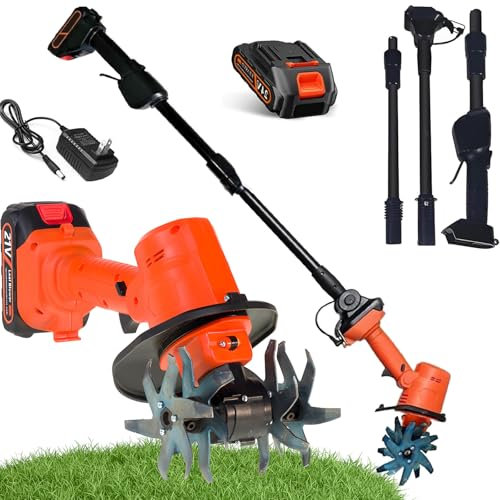 Motozappa elettrica senza fili con asta telescopica e doppia batteria, ideale per diserbo e coltivazione del terreno in piccole fattorie e giardini