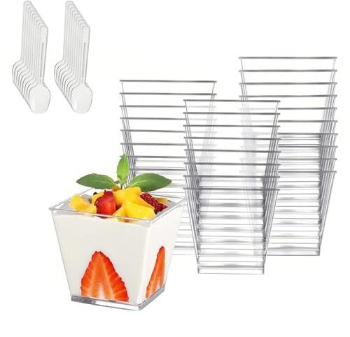 Eidoct Dessert Cups, 50 Pcs120ml mini Dessert Bowls, Made of Transparent PP Material, can be reused for Pudding, Mousse, Desserts, Tiramisu, Family Gatherings, Parties. Comes with 50 Spoons