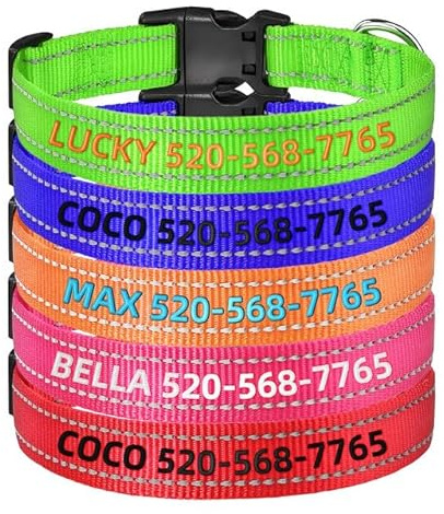 Personalisiertes Hundehalsband mit Name & Telefonnummer - Reflektierendes Gestickt Stickhalsband | Weiches, verstellbares Nylon | 5 Größen (XS-XL) für Kleine, Mittlere, Große Hunde