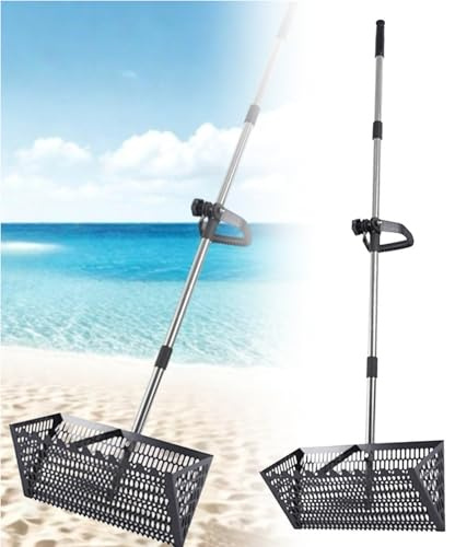 Juego de rastrillo para pulgas de arena, tamiz de arena de playa de acero inoxidable con cesta ancha de dientes de tiburón de 15.8 pulgadas, rastrillo de arena hueco de acero al carbono, rastrillos de