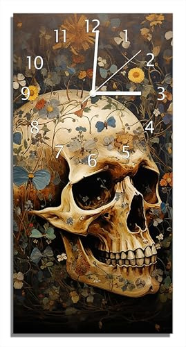 Wallario Design-Wanduhr Vergänglichkeit im Blütenmeer aus Glas, Motiv-Uhr Größe 30 x 60 cm, weiße Zeiger