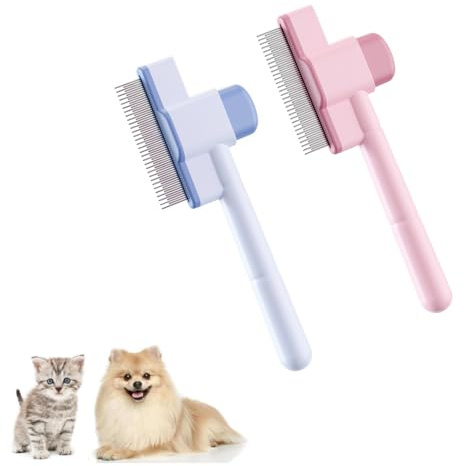 Fellblitz Bürste Katze, Katzenbürste Unterfell mit Auslöseknopf, Flohkamm Katzenkamm für Kurzhaar Langhaar (blue+pink)