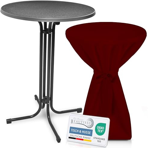 Beautissu Stehtisch klappbar mit Stehtischhusse & Schleifenband rund | 80cm Grauer Tisch Husse Bordeaux wetterbeständig Outdoor Bistrotisch kratzfest UV-beständig rutschfest waschbar Bellini