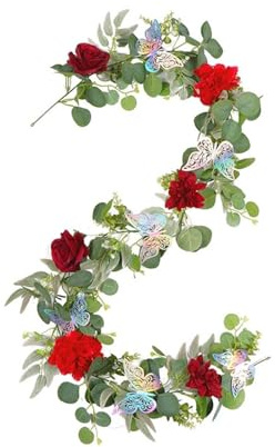 Künstliche Eukalyptus-Blumengirlande mit Rosen, 180 cm, Girlande Vintage Gefälschte Blume Pfingstrose Rosenrebe Grün Dekorative Wandbehangpflanze für Hochzeit, Party, Tischdeko (Rot)