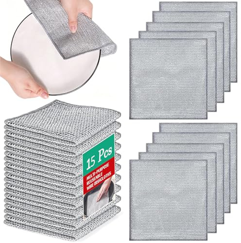 15 Pcs Non-Scratch Wire Dish Cleaning Cloths, 20 x 20 cm Mesh Dishcloths