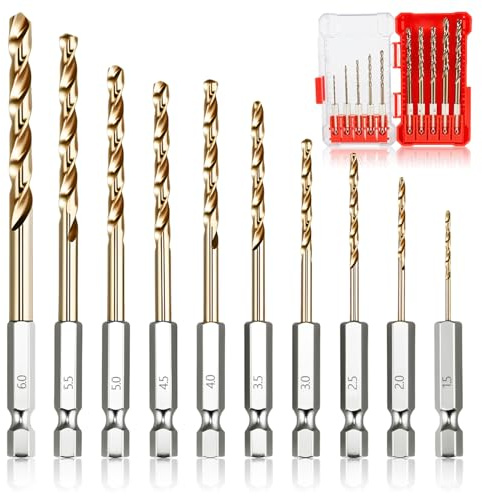 Jeu de 10 Foret Metal HSS-Co Forets Hélicoïdaux en Acier au Cobalt, Jeu Professionnel avec Coffret de Rangement et Poignée Hexagonale pour Meuleuses d'Angle et Perceuses Électriques