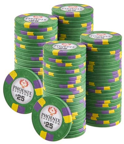 Playzaic 10 Gramm Phoenix Professional Poker Chips (100 Stück) Real Clay Set - Bulk Casino Chips mit Bezeichnungen für Texas Holdem, Blackjack - Wettspielzubehör ($25 Green)